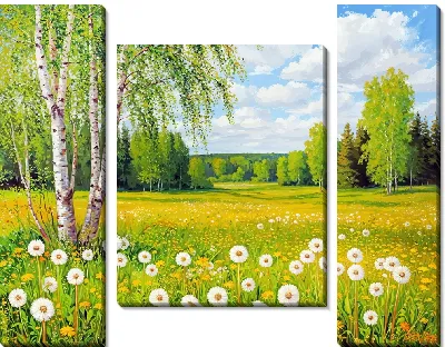 Модульная картина Береза и поле с одуванчиками