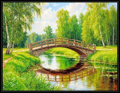 Картина Арочный пешеходный мост через пруд
