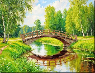 Постер Арочный пешеходный мост через пруд