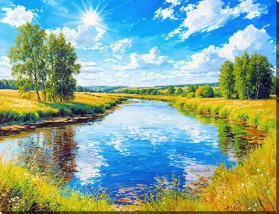 Картина маслом Пруд днем летом