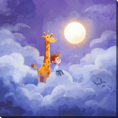 Картина маслом Мальчик с жирафом смотрят на Солнце в облаках