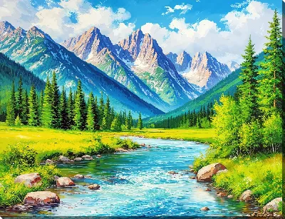 Картина маслом Горный пейзаж с рекой №5