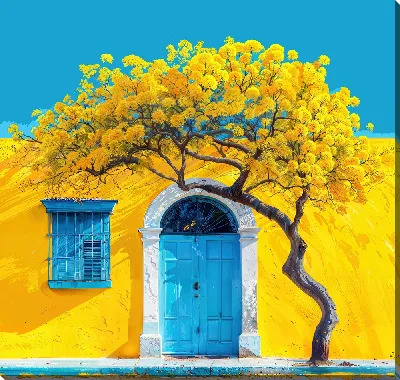 Картина маслом Цветущее желтое дерево на фоне желтого фасада дома