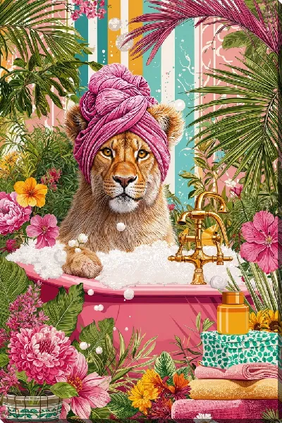 Картина маслом Купающаяся в ванне львица