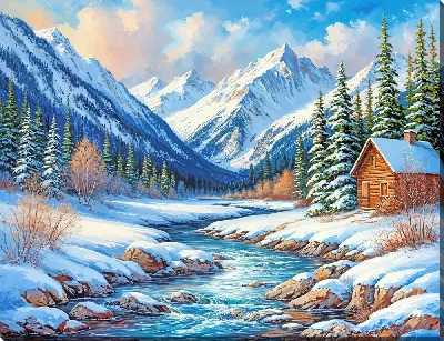 Картина маслом Домик на берегу горной реки