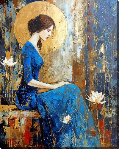 Картина маслом Девушка в синем платье и лотос