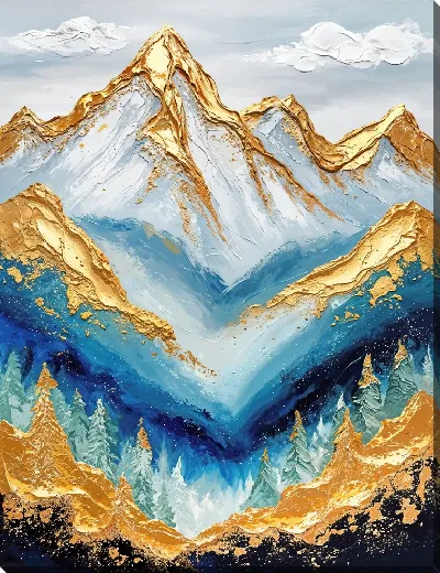 Картина маслом Вершины гор в золотом снегу