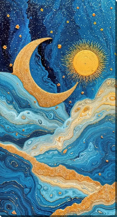 Картина маслом Луна и Солнце в золотых оттенках