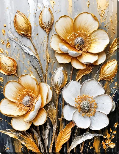 Картина маслом Белый цветок и золотые цветы