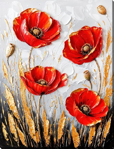 Картина маслом Маки с золотыми листьями