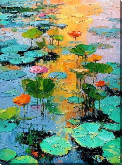Картина маслом Пруд с кувшинками в лучах заката