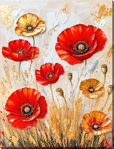 Картина маслом Красные и золотые маки