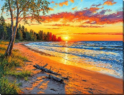 Картина маслом Закат на пляже вечером