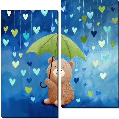 Модульная картина Мишка под зонтиком и дождем из сердец