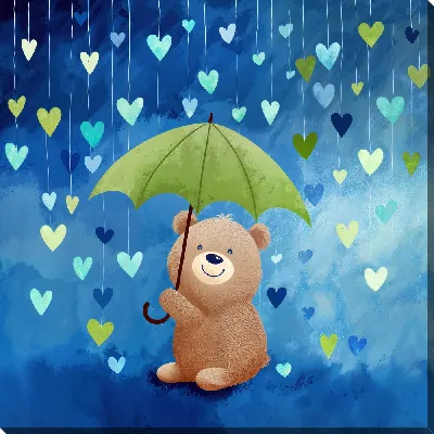 Картина маслом Мишка под зонтиком и дождем из сердец