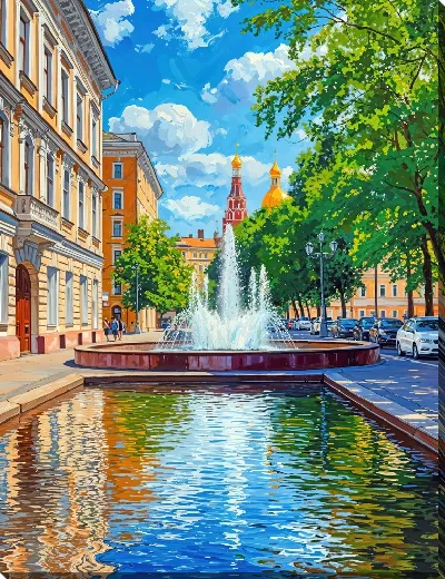 Картина маслом Фонтан на улице