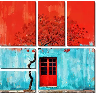 Модульная картина Ярко-красное дерево и дверь