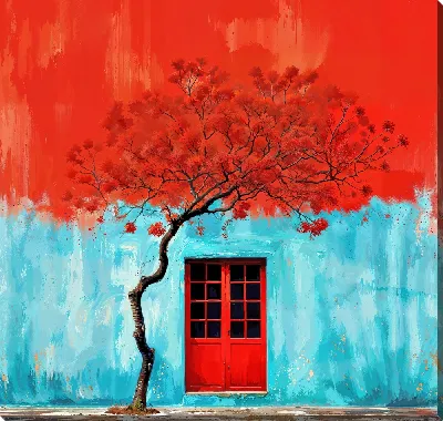Картина маслом Ярко-красное дерево и дверь