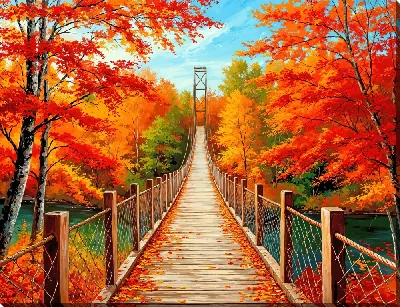 Картина маслом Тропинка подвесного моста осенью