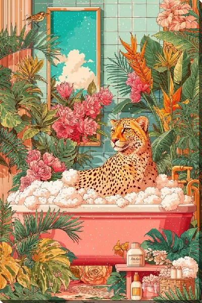 Картина маслом Леопард в пенной ванне №3