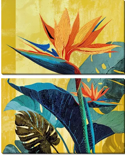 Модульная картина Райская птица и листья пальм