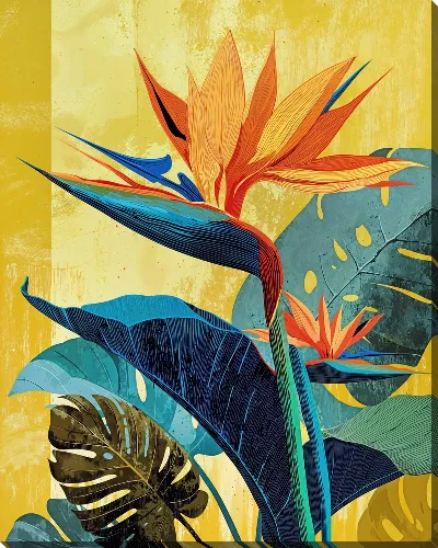 Картина маслом Райская птица и листья пальм