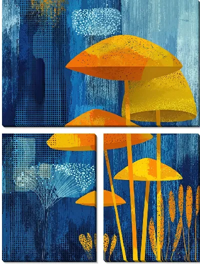 Модульная картина Желтые грибы на синем фоне