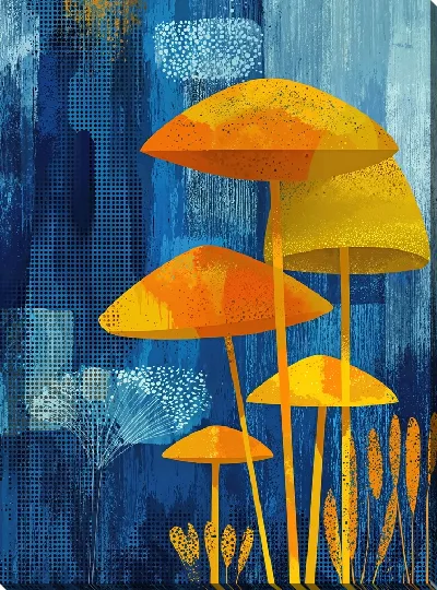 Картина маслом Желтые грибы на синем фоне