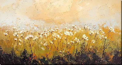 Картина маслом Поле с белыми цветами ранней осенью