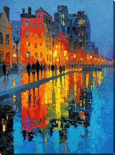 Картина маслом Прогулка по вечернему дождливому городу