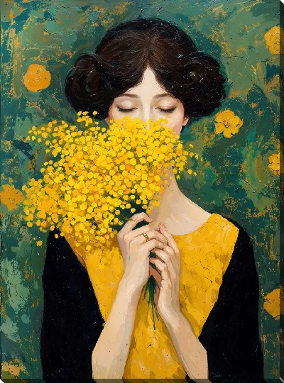Картина маслом Девушка с ярко-желтыми цветами