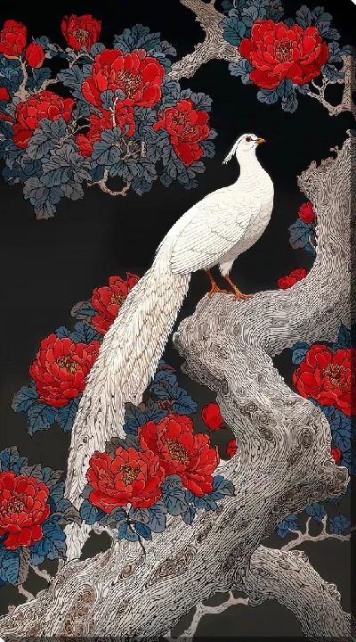 Картина маслом Белый павлин на цветущем дереве