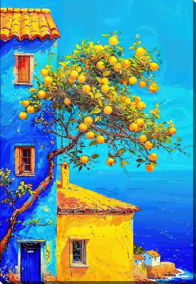 Картина маслом Лимонное дерево на фоне моря и домов