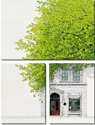 Модульная картина Ярко-зеленое дерево на фоне здания