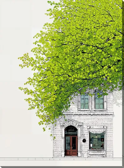 Картина маслом Ярко-зеленое дерево на фоне здания