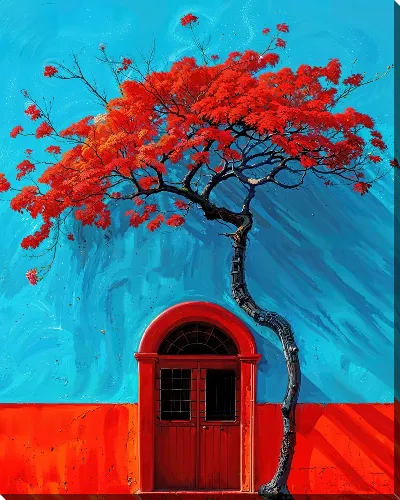 Картина маслом Ярко-красное дерево на фоне яркого фасада