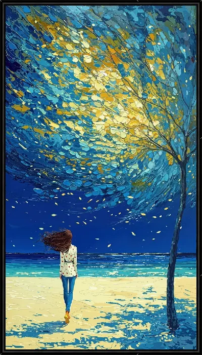 Картина Девушка идет под деревом ветра
