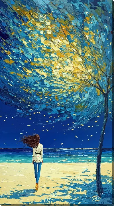 Картина маслом Девушка идет под деревом ветра