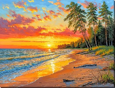 Картина маслом Закат на летнем пляжу