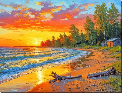 Картина маслом Закат на летнем пляжу №2