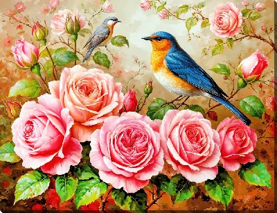 Картина маслом Две птицы с розовыми розами
