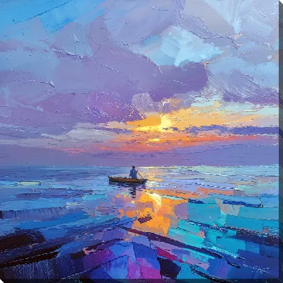 Картина маслом Рыбак в море на закате