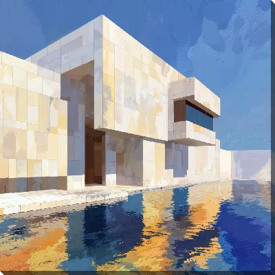 Картина маслом Фасад современного дома с бассейном