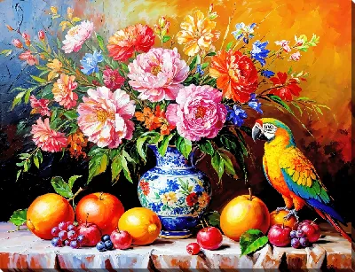 Картина маслом Попугай, цветы и фрукты №5