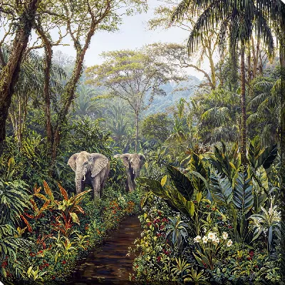 Картина маслом Слоны в джунглях