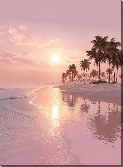 Картина маслом Морской пейзаж в розовых оттенках с пальмами