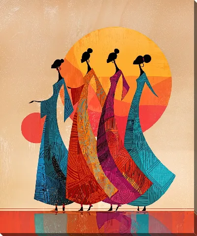 Картина маслом Четыре грациозные женщины в цветных платьях на фоне яркого заката
