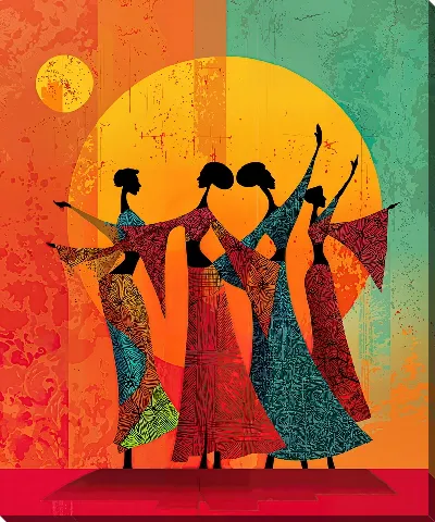 Картина маслом Танец в ярких цветах на фоне заката в живописном стиле