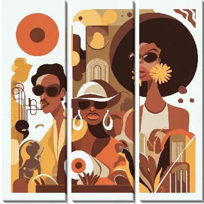 Модульная картина Три фигуры с афро в ретро стиле семидесятых