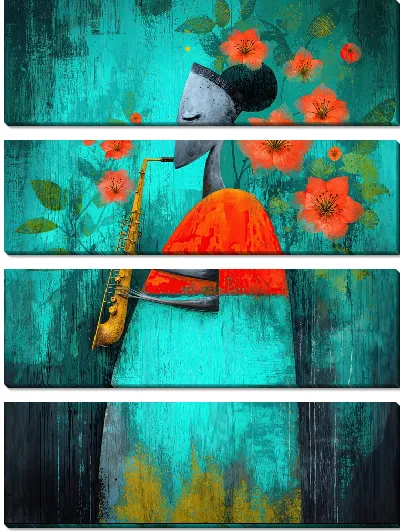 Модульная картина Женщина в платье играет на саксофоне